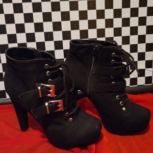 Black Faux Suede Lace-up Platform Ankle Bootie w/Double Buckle Straps